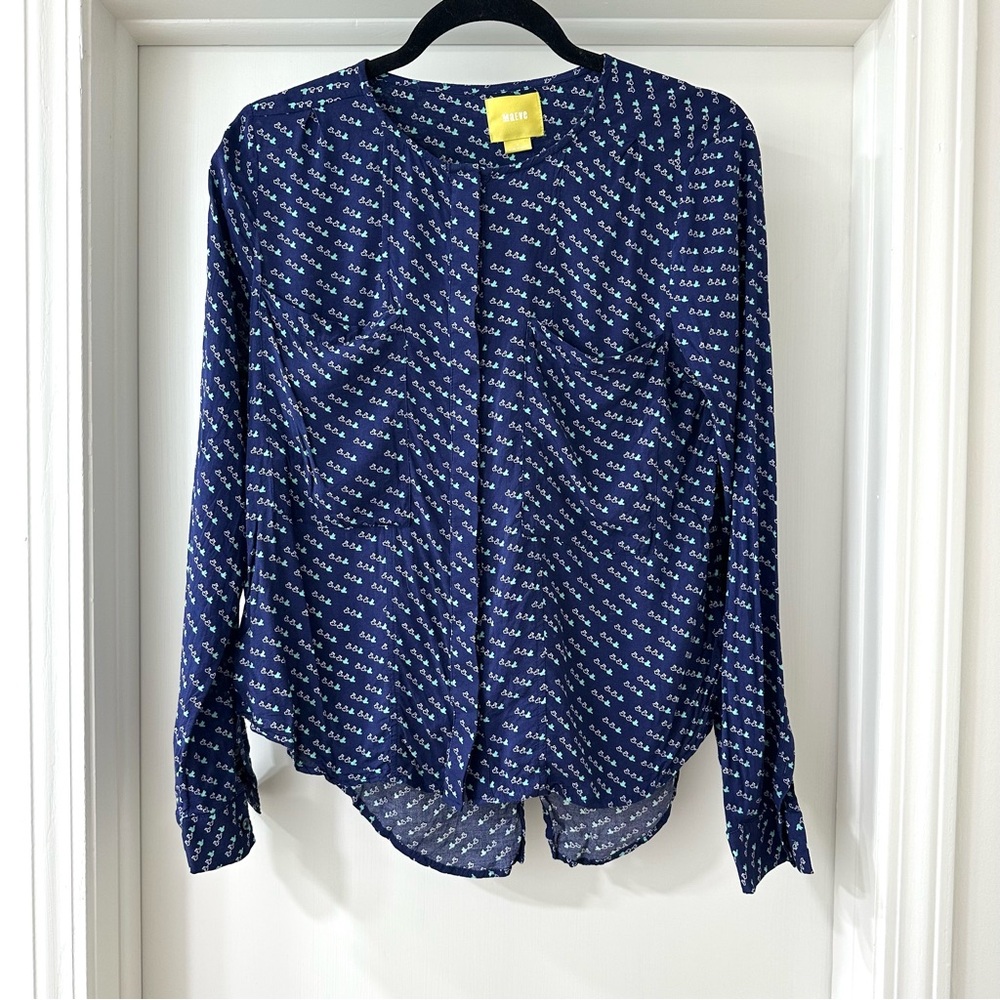 Maeve for Anthropologie Blue Clara Button Down Blouse with Flying Birds, Size 4
